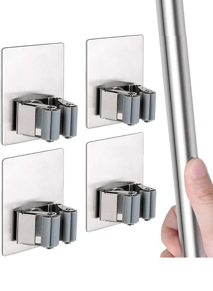 4-piece broom and mop rack, suitable for broom and mop handles, toilet brushes, etc., with stainless steel mop hooks. Wall-mounted multifunctional rack, comes with 3M double-sided tape, easy to install. - Image 1